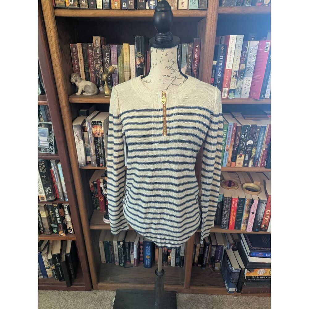 Tory Burch Women's Size Medium Blue White 1/4 Zip Merino Wool Sweater